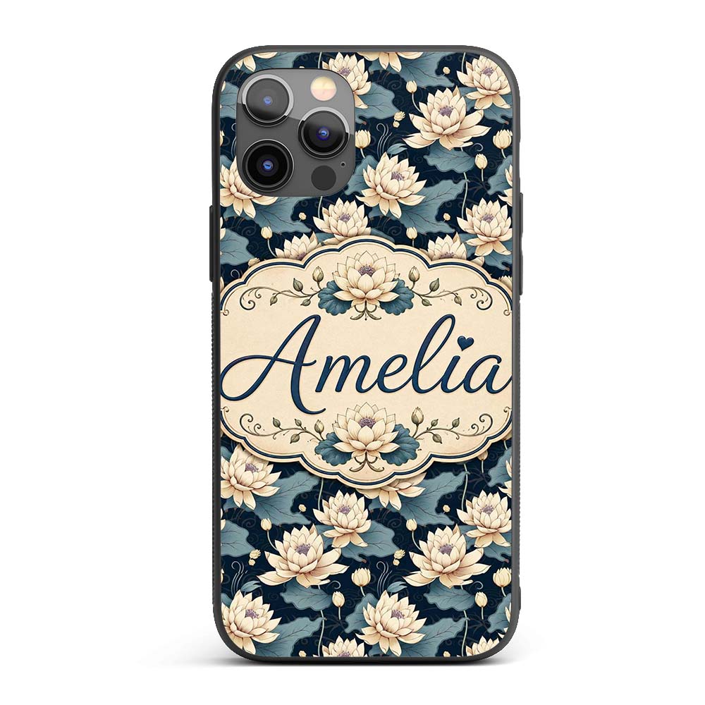 Cream Lotus Flowers on Deep Navy Background with Custom Name Protective Phone Case Mobile Cover Durable Everyday Smartphone Shock Resistant