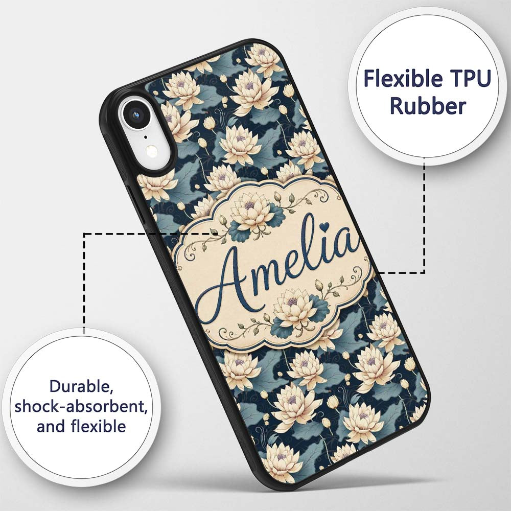Cream Lotus Flowers on Deep Navy Background with Custom Name Protective Phone Case Mobile Cover Durable Everyday Smartphone Shock Resistant