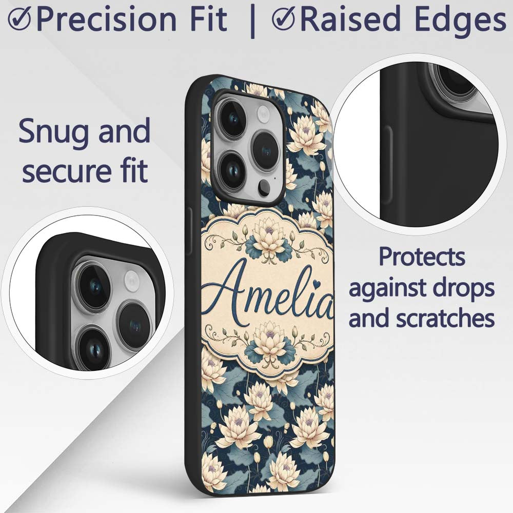 Cream Lotus Flowers on Deep Navy Background with Custom Name Protective Phone Case Mobile Cover Durable Everyday Smartphone Shock Resistant