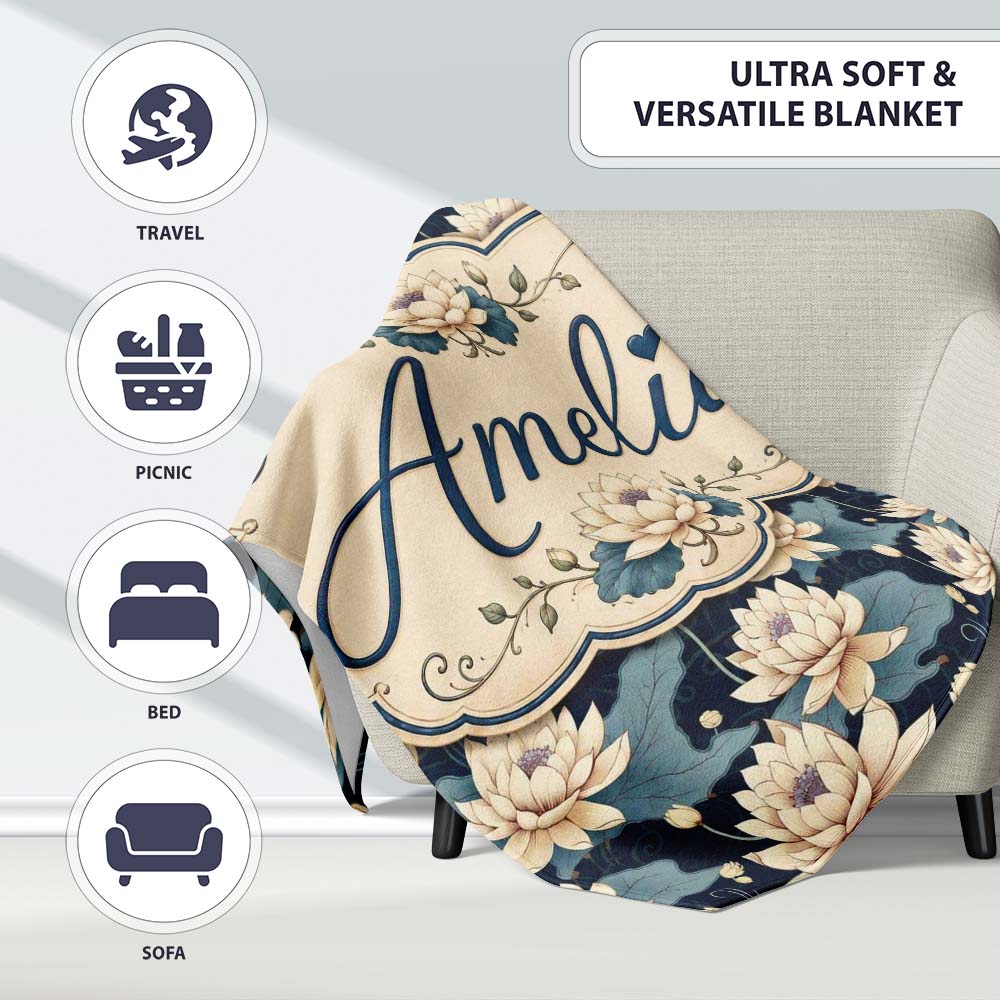 Cream Lotus Flowers on Deep Navy Background with Decorative Leaves Personalised Custom Name Super Soft Fleece Blanket Bed Sofa Throw