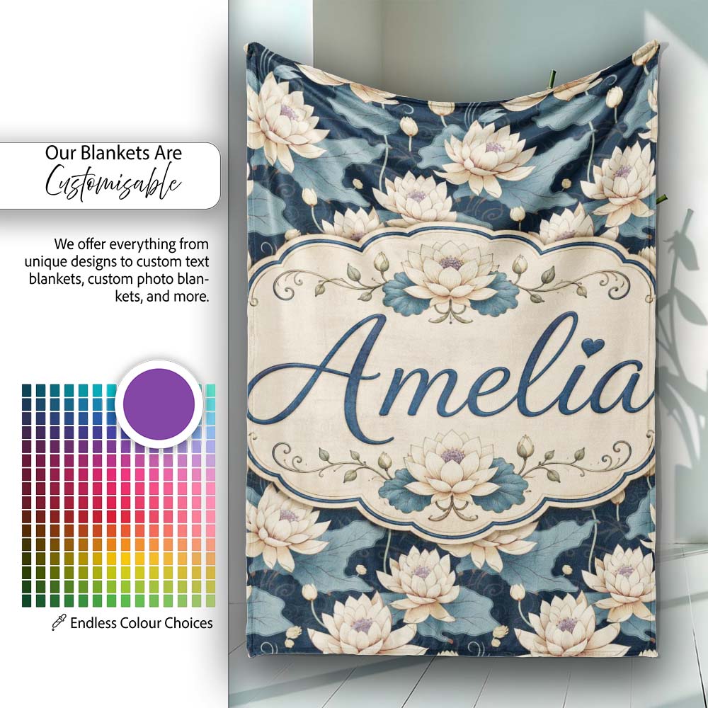 Cream Lotus Flowers on Deep Navy Background with Decorative Leaves Personalised Custom Name Super Soft Fleece Blanket Bed Sofa Throw