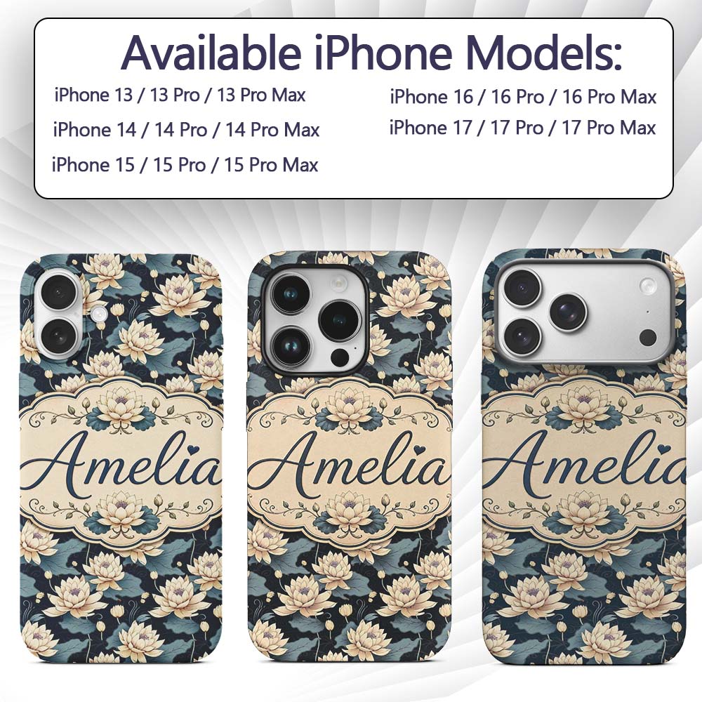 Cream Lotus Flowers on Deep Navy Background with Custom Name Protective Phone Case Mobile Cover Durable Everyday Smartphone Shock Resistant