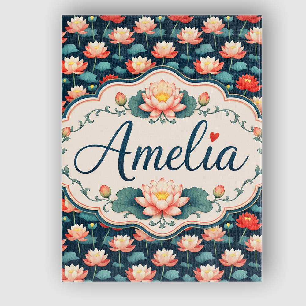 Personalised Name Bright Coral Lotus Floral Custom Bespoke Interior Contemporary Canvas Wall Art Print Decor Picture Ready to Hang