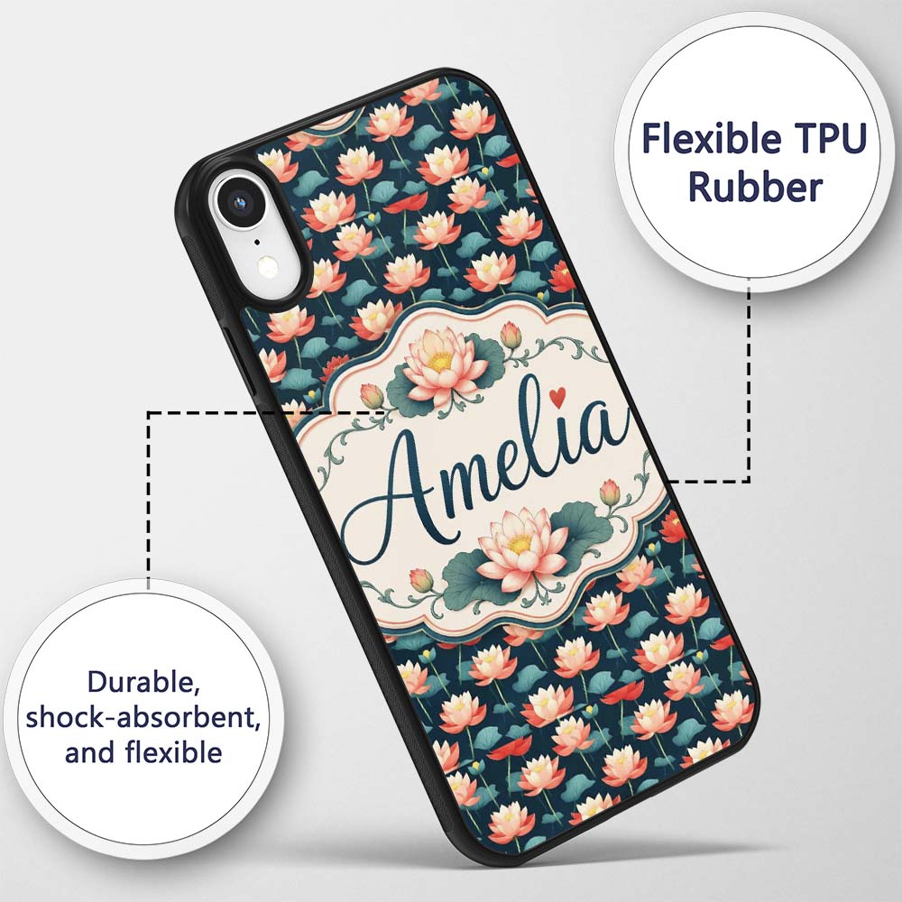 Bright Coral Lotus Floral Pattern with Modern Custom Name Protective Phone Case Mobile Cover Durable Everyday Smartphone Shock Resistant