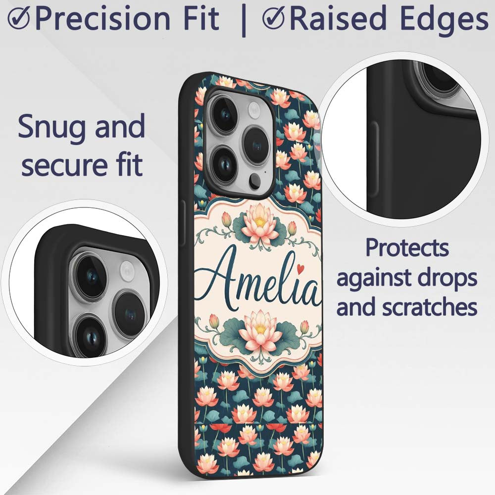 Bright Coral Lotus Floral Pattern with Modern Custom Name Protective Phone Case Mobile Cover Durable Everyday Smartphone Shock Resistant