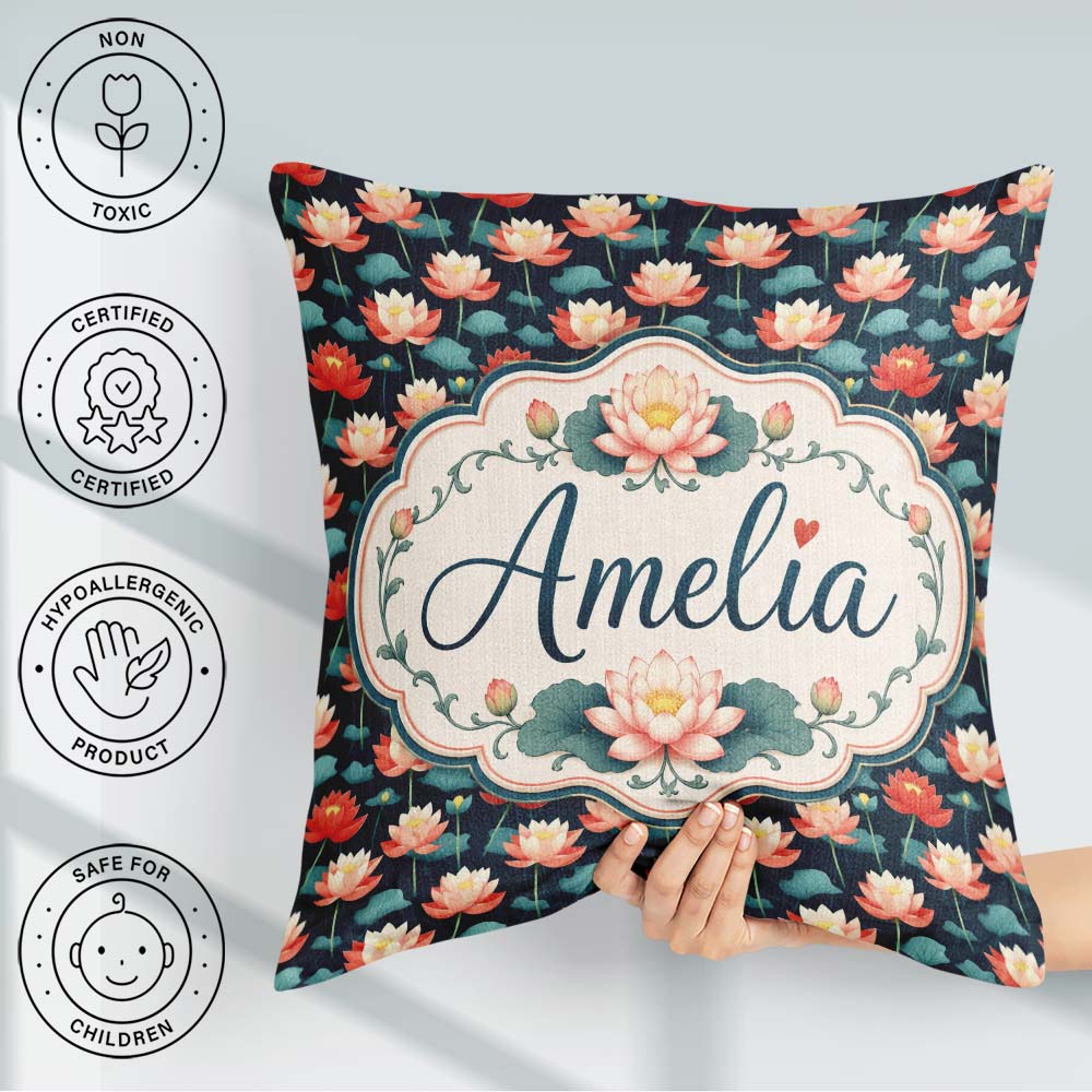Custom Name Bright Coral Lotus Floral Pattern with Modern Style Square Filled Cushion Throw Pillow Sofa Bed Home Decor Zip Washable UK Made