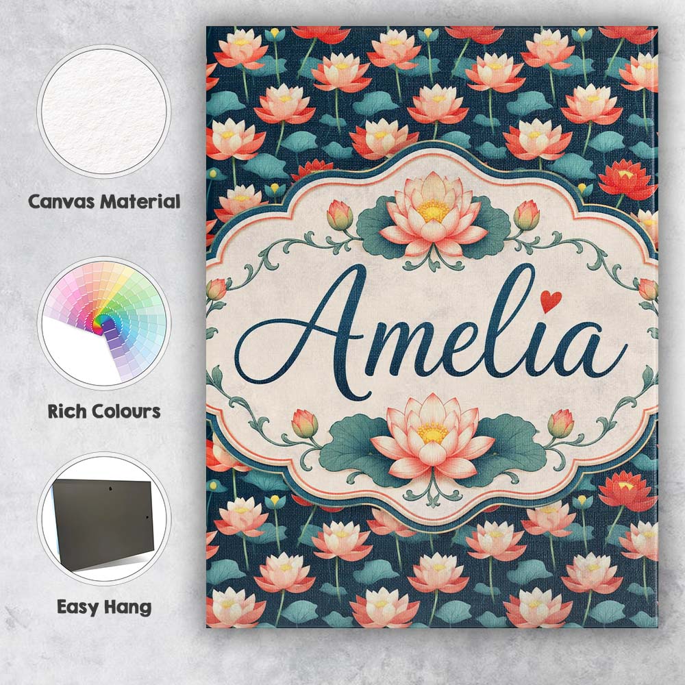 Personalised Name Bright Coral Lotus Floral Custom Bespoke Interior Contemporary Canvas Wall Art Print Decor Picture Ready to Hang