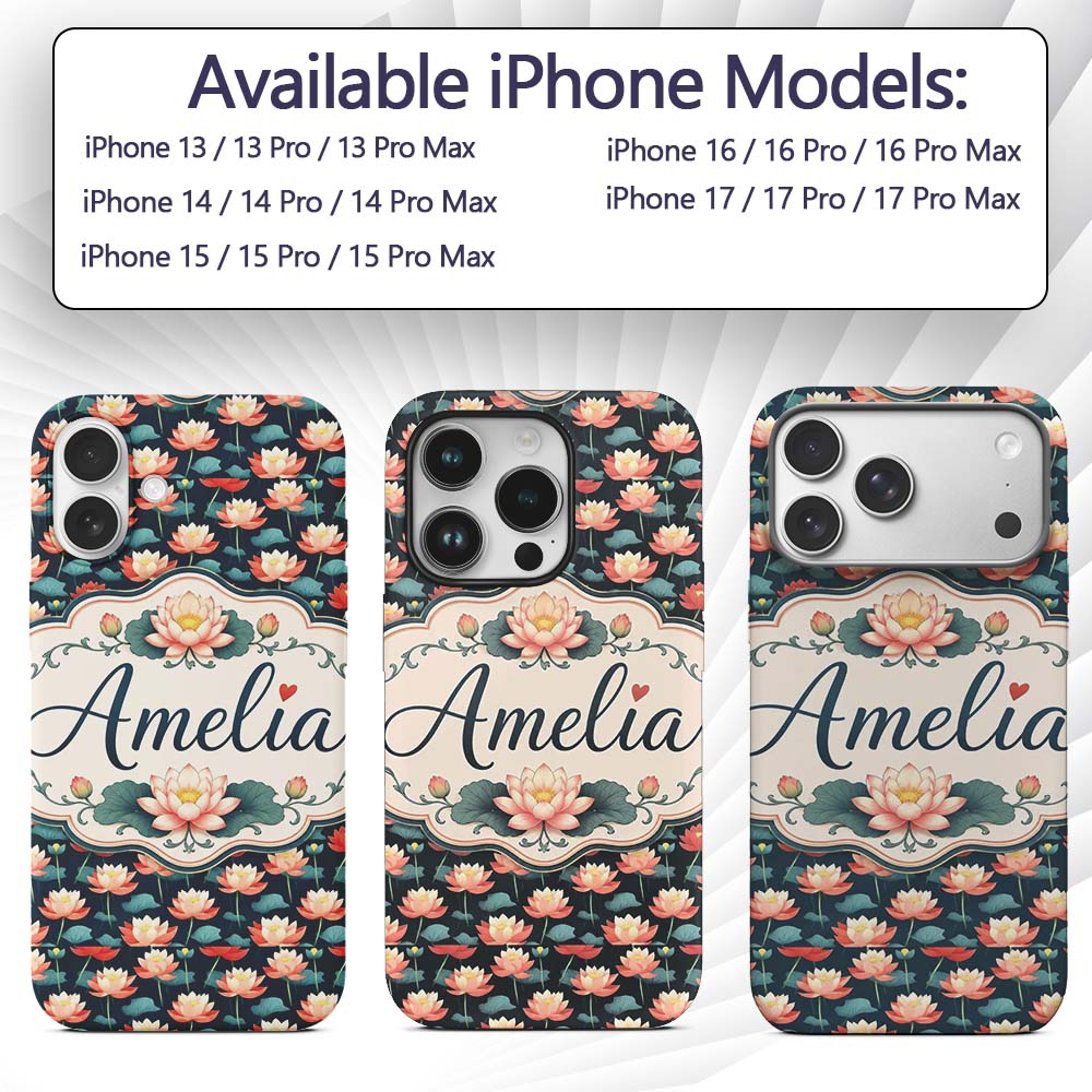 Bright Coral Lotus Floral Pattern with Modern Custom Name Protective Phone Case Mobile Cover Durable Everyday Smartphone Shock Resistant