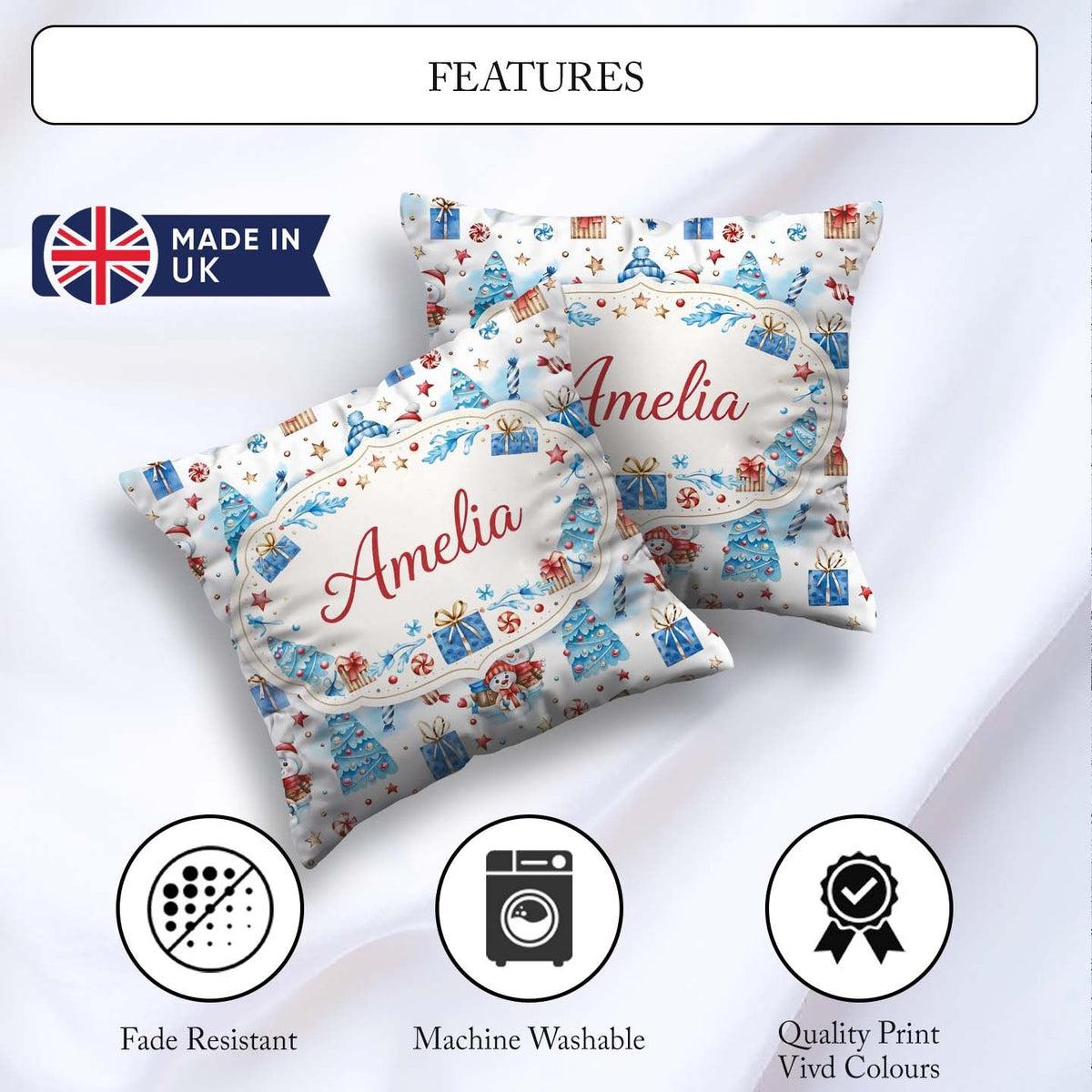 Custom Name Snowman Christmas Gifts Candy Winter Seamless Design Square Filled Cushion Throw Pillow Sofa Bed Home Decor Zip Washable UK Made