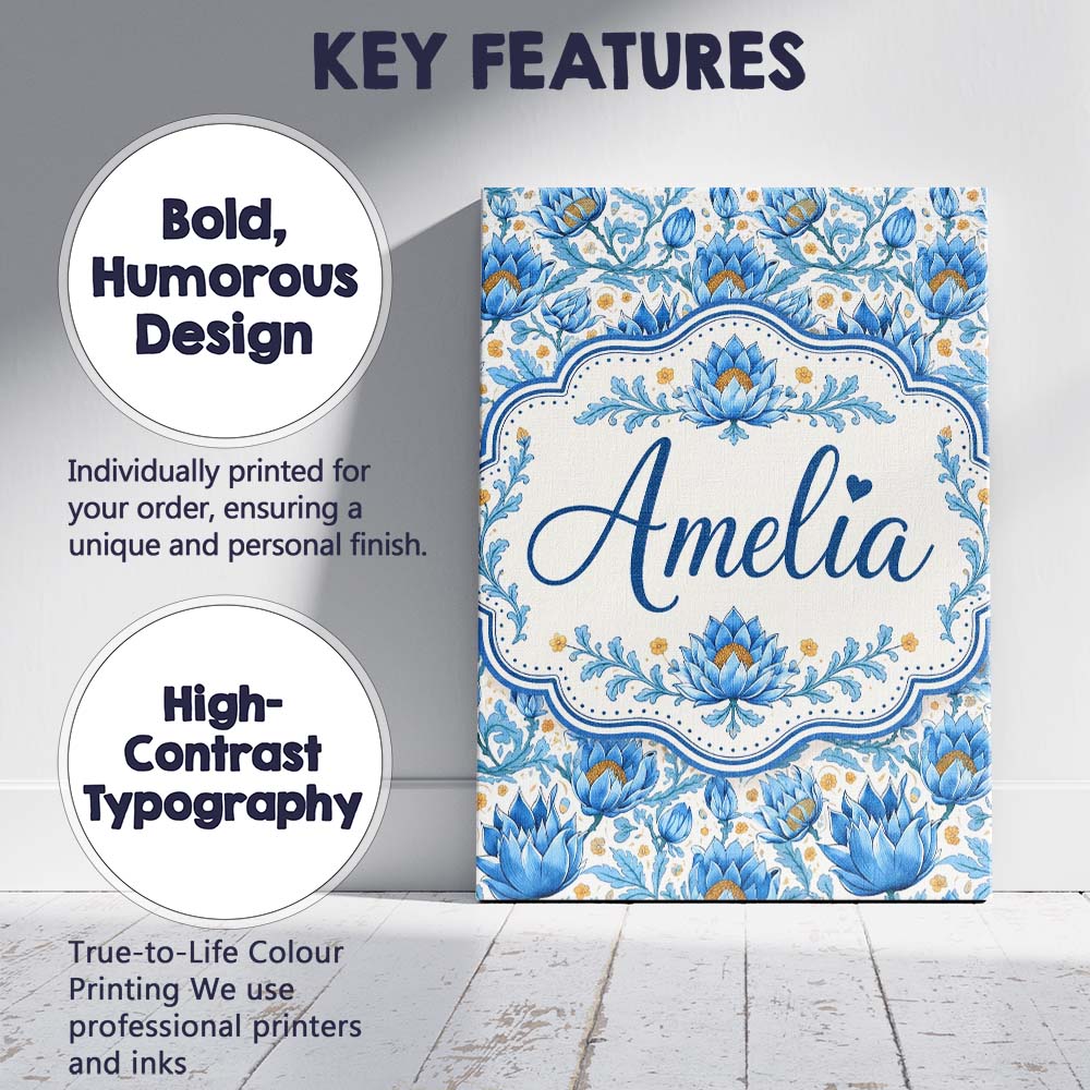 Personalised Name Detailed Blue Floral Custom Modern Room Accent Elegant Feature Canvas Wall Art Print Decor Picture Ready to Hang