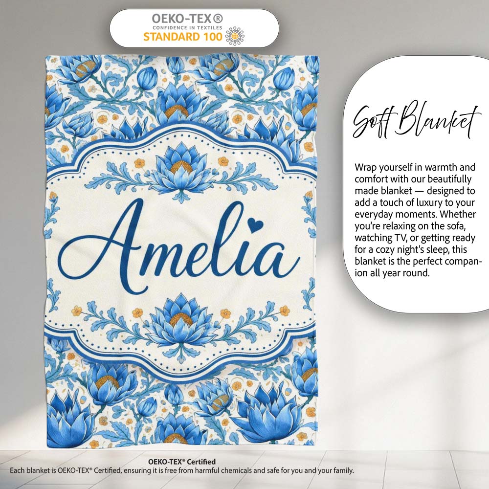 Detailed Blue Floral Pattern with Ornamental Botanical Motifs Lovely Personalised Custom Name Super Soft Fleece Blanket Bed Sofa Throw
