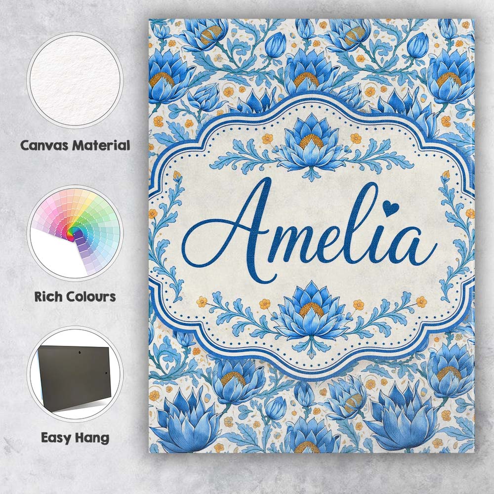 Personalised Name Detailed Blue Floral Custom Modern Room Accent Elegant Feature Canvas Wall Art Print Decor Picture Ready to Hang