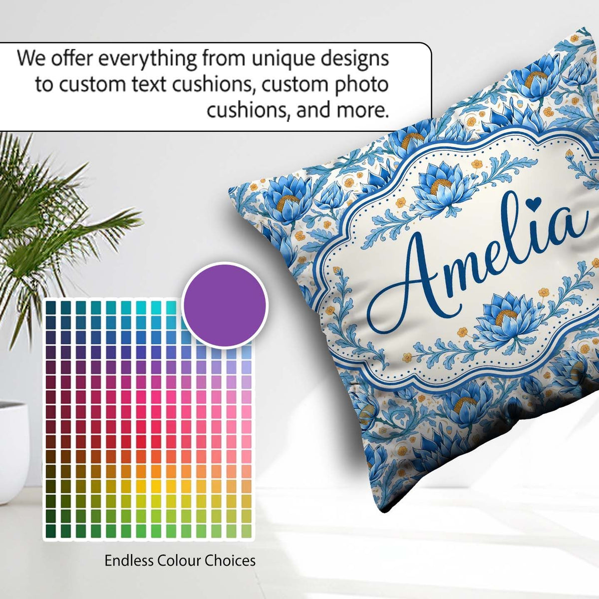 Custom Name Blue Floral Pattern with Ornamental Botanical Motifs Square Filled Cushion Throw Pillow Sofa Bed Home Decor Zip Washable UK Made
