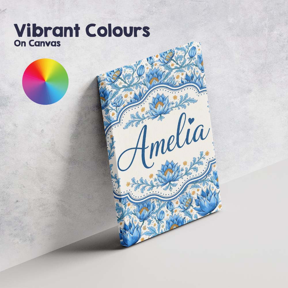 Personalised Name Detailed Blue Floral Custom Modern Room Accent Elegant Feature Canvas Wall Art Print Decor Picture Ready to Hang