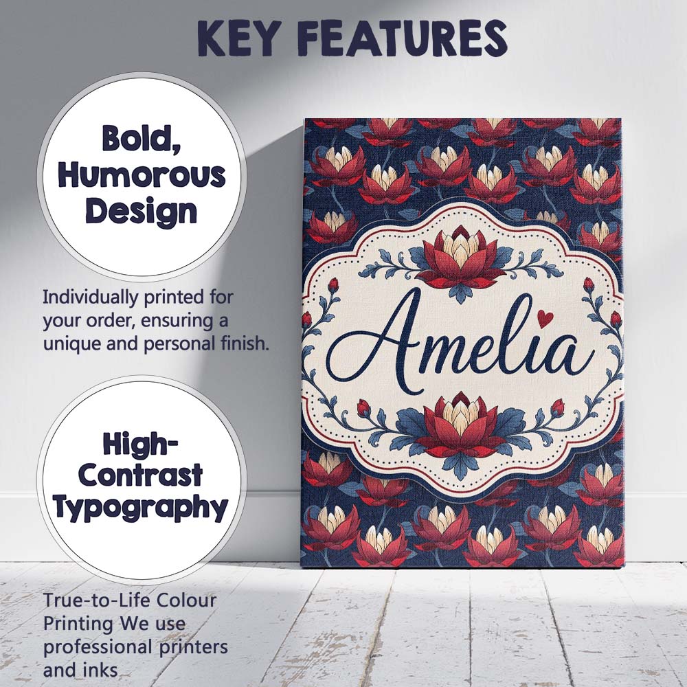 Personalised Name Bold Red Lotus Flower Custom Modern Room Accent Elegant Feature Canvas Wall Art Print Decor Picture Ready to Hang