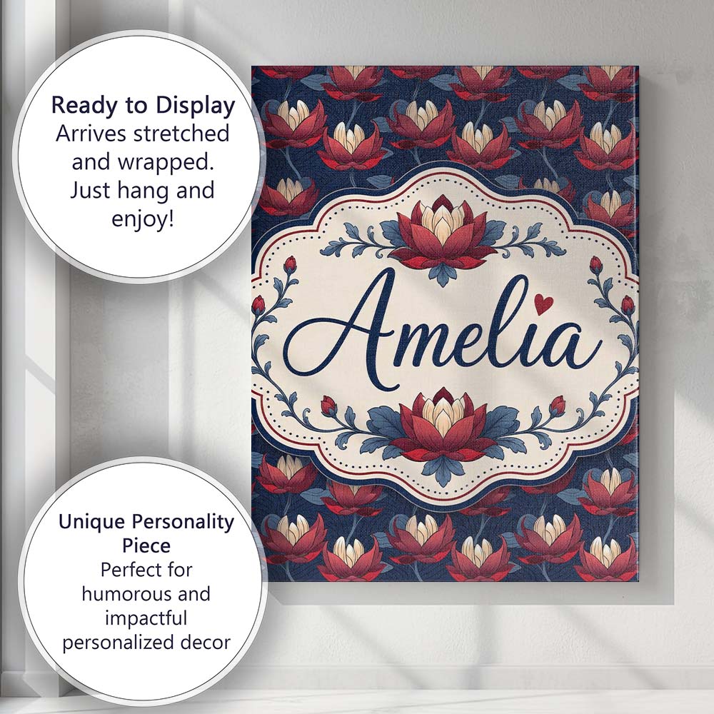 Personalised Name Bold Red Lotus Flower Custom Modern Room Accent Elegant Feature Canvas Wall Art Print Decor Picture Ready to Hang
