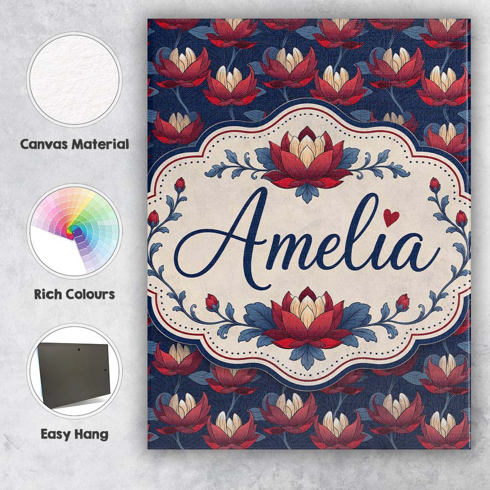 Personalised Name Bold Red Lotus Flower Custom Modern Room Accent Elegant Feature Canvas Wall Art Print Decor Picture Ready to Hang