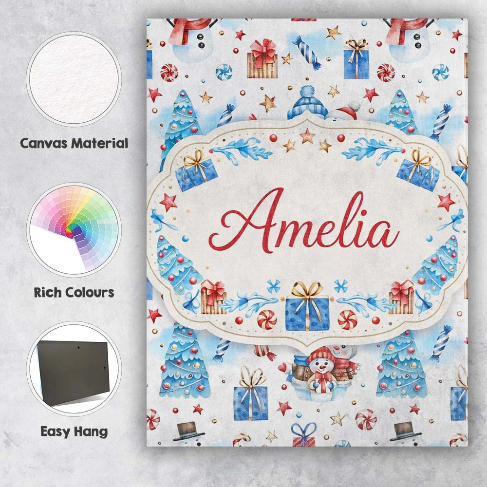 Personalised Name Cute Snowman Christmas Pattern Gifts Candy Winter Custom Canvas Wall Art Print Decor Picture Ready to Hang