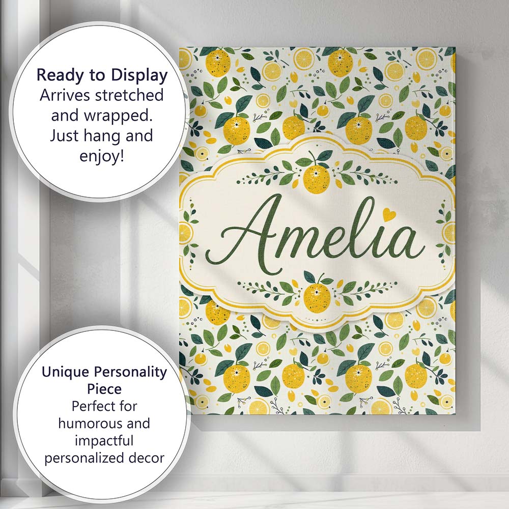 Personalised Name Fresh Lemon Citrus Custom Premium Decorative Design Modern Room Accent Canvas Wall Art Print Decor Picture Ready to Hang