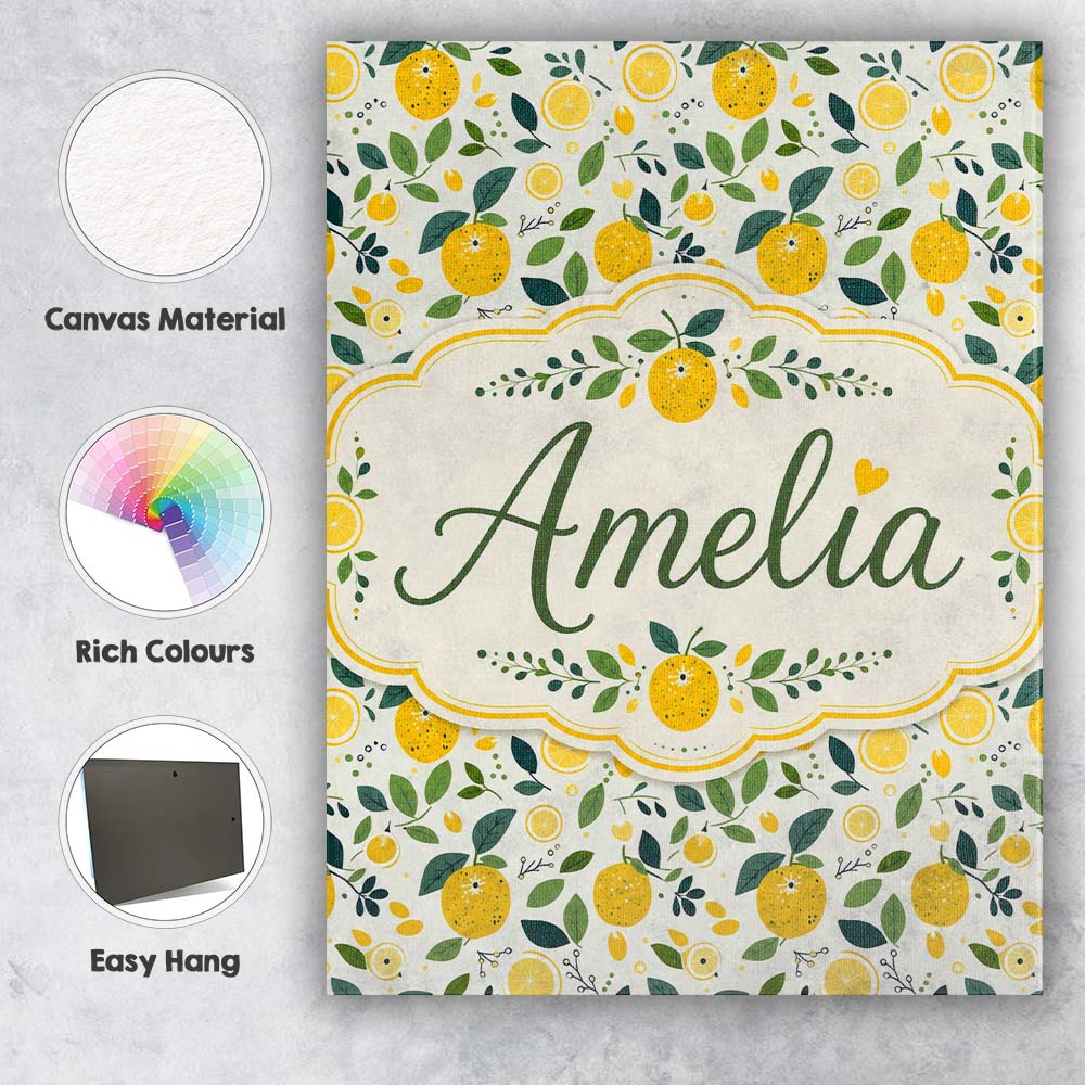 Personalised Name Fresh Lemon Citrus Custom Premium Decorative Design Modern Room Accent Canvas Wall Art Print Decor Picture Ready to Hang