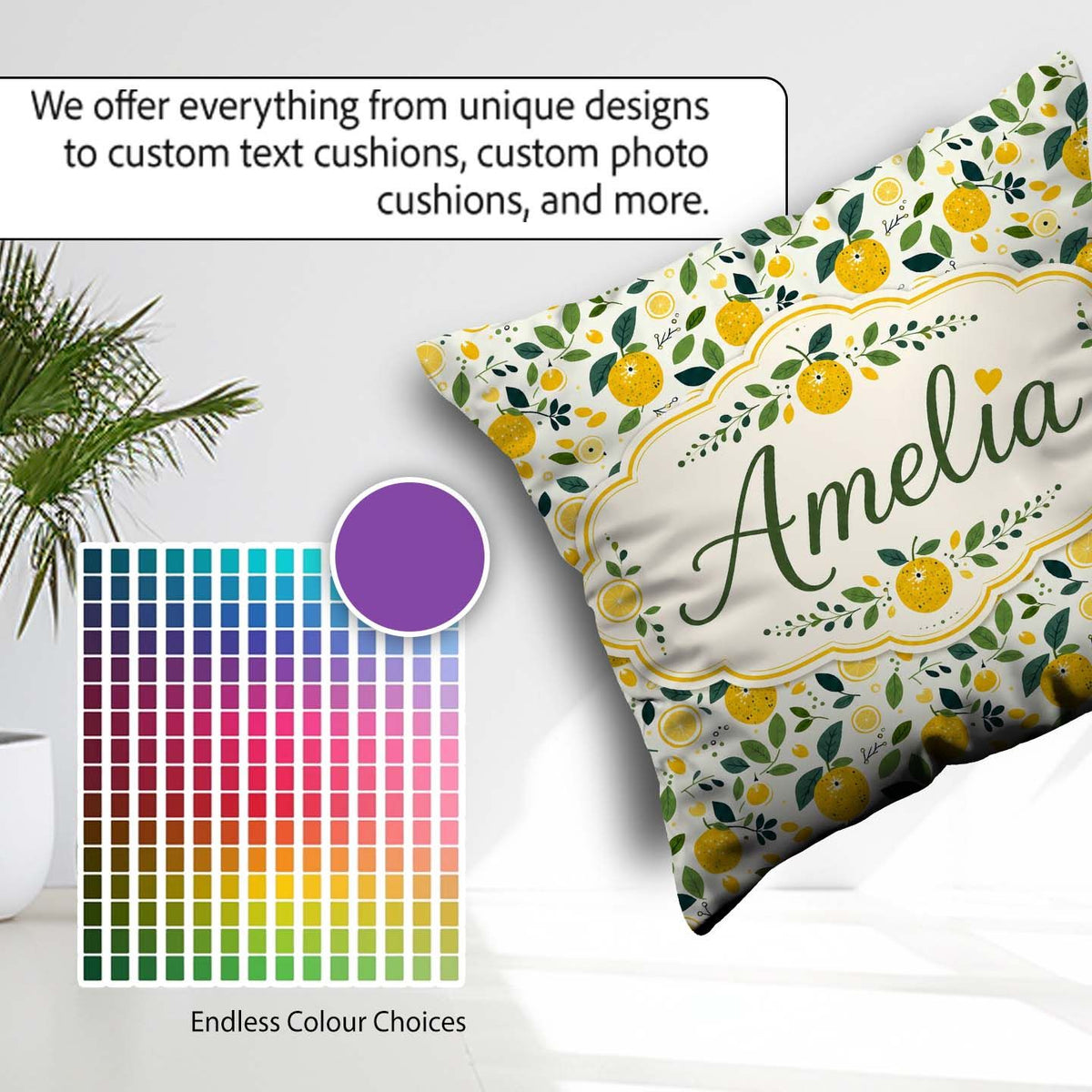 Custom Name Fresh Lemon Citrus Pattern with Leaves Sliced Design Square Filled Cushion Throw Pillow Sofa Bed Home Decor Zip Washable UK Made