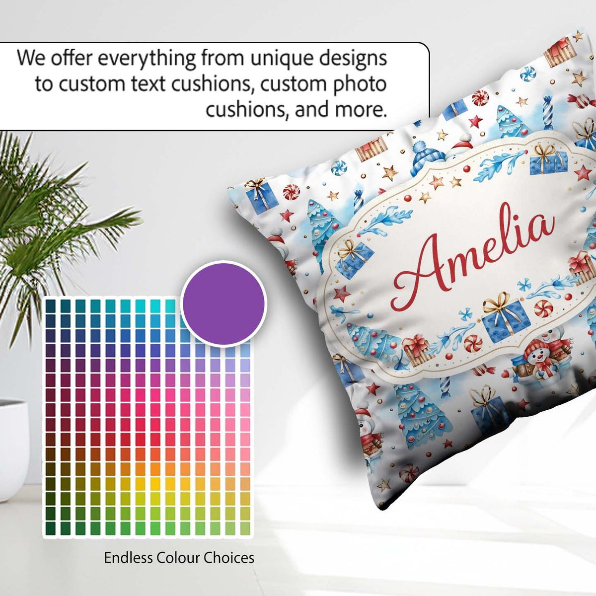 Custom Name Snowman Christmas Gifts Candy Winter Seamless Design Square Filled Cushion Throw Pillow Sofa Bed Home Decor Zip Washable UK Made