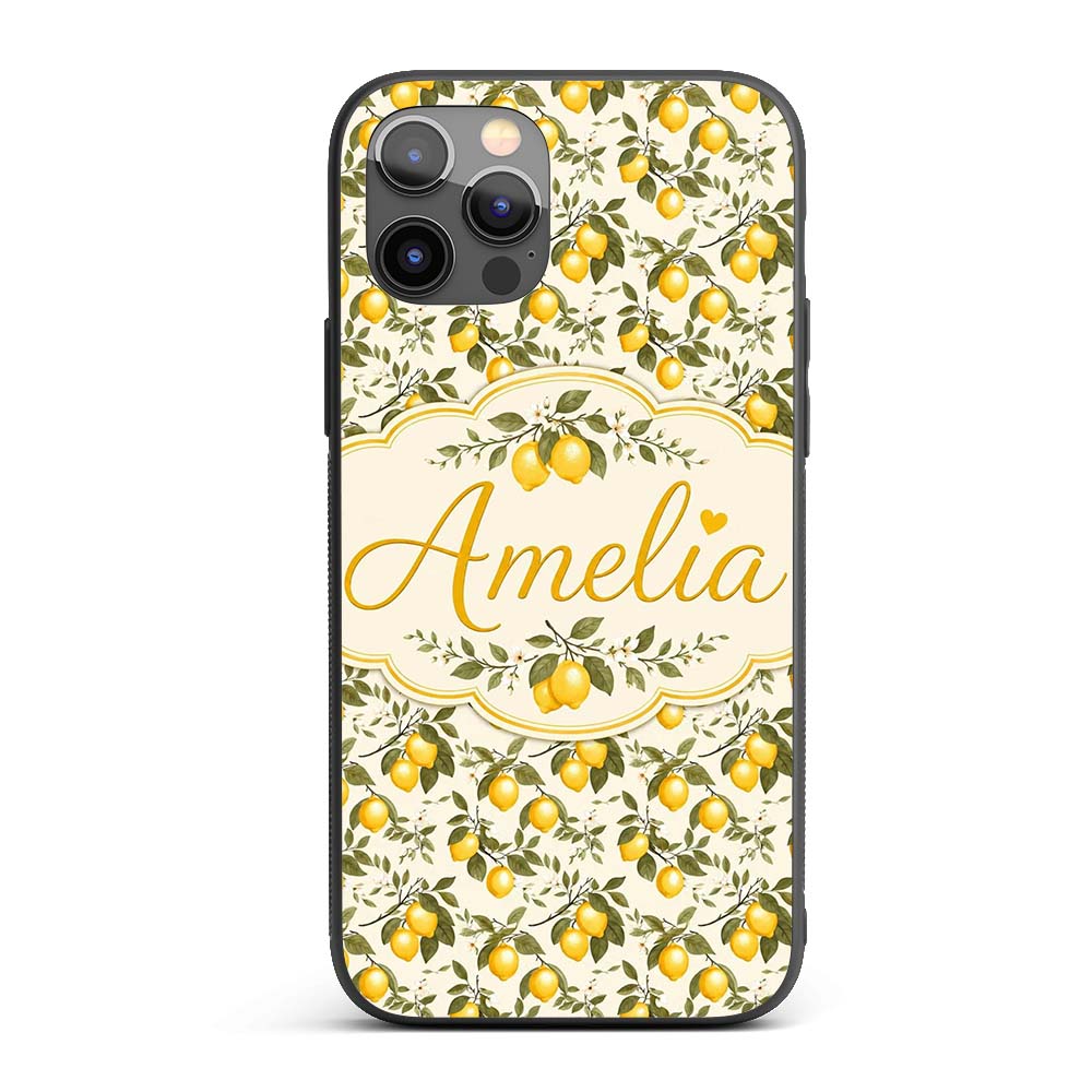 Classic Lemon Branch Pattern with Blossoms on Custom Name Protective Phone Case Mobile Cover Durable Everyday Smartphone Shock Resistant