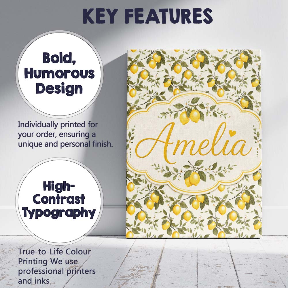 Personalised Name Classic Lemon Branch Custom Modern Room Accent Elegant Feature Canvas Wall Art Print Decor Picture Ready to Hang