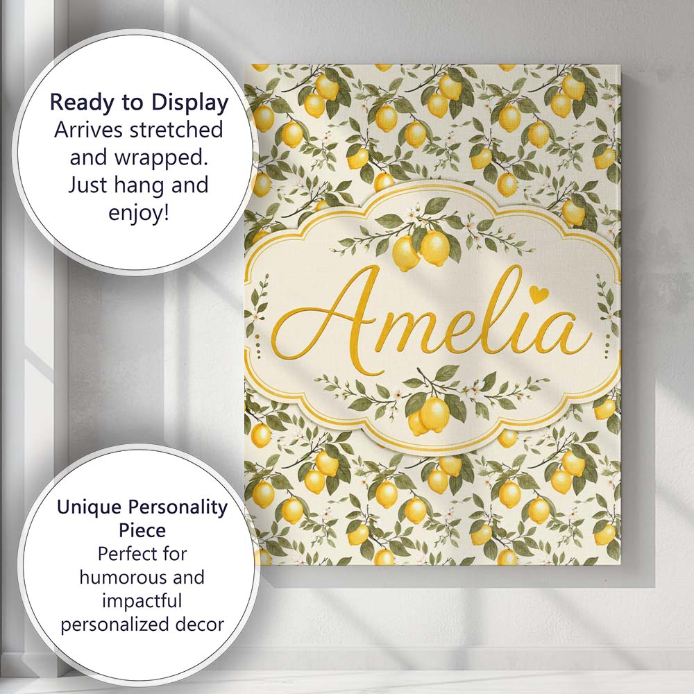 Personalised Name Classic Lemon Branch Custom Modern Room Accent Elegant Feature Canvas Wall Art Print Decor Picture Ready to Hang