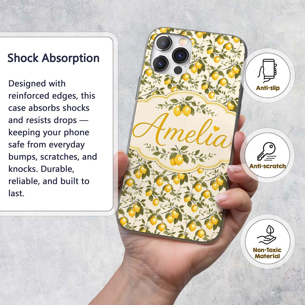 Classic Lemon Branch Pattern with Blossoms on Custom Name Protective Phone Case Mobile Cover Durable Everyday Smartphone Shock Resistant