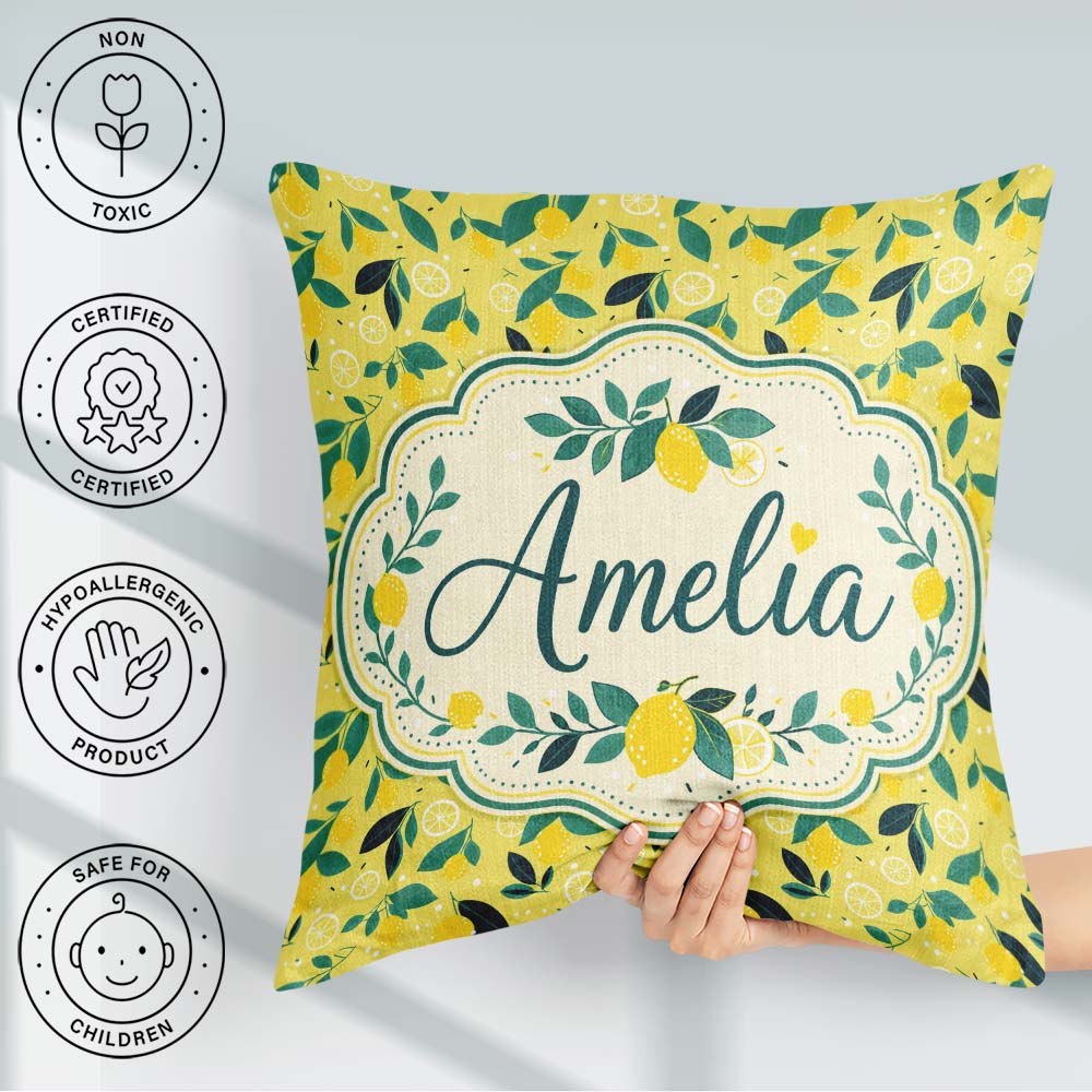 Custom Name Bright Lemon and Leaf Pattern with Flat Illustration Square Filled Cushion Throw Pillow Sofa Bed Home Decor Zip Washable UK Made