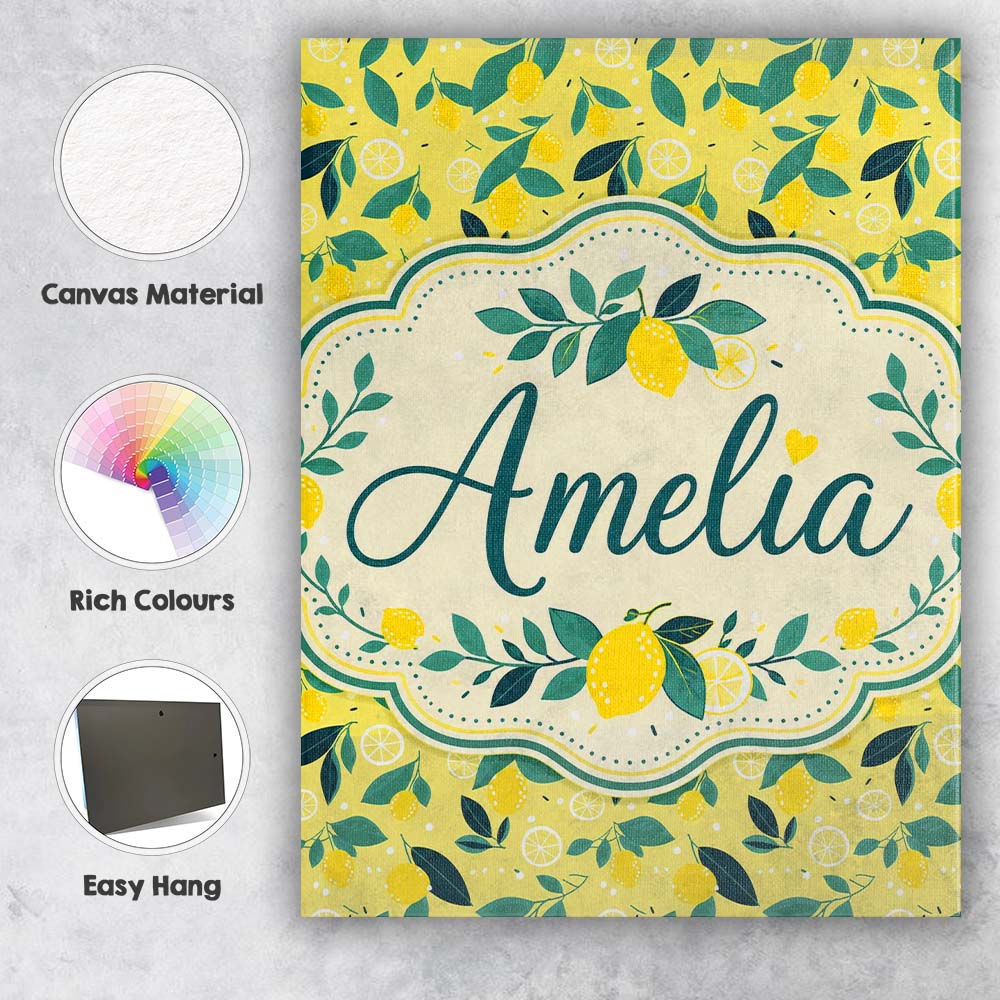 Personalised Name Bright Yellow Lemon and Custom Unique Gift Idea Elegant Feature Canvas Wall Art Print Decor Picture Ready to Hang