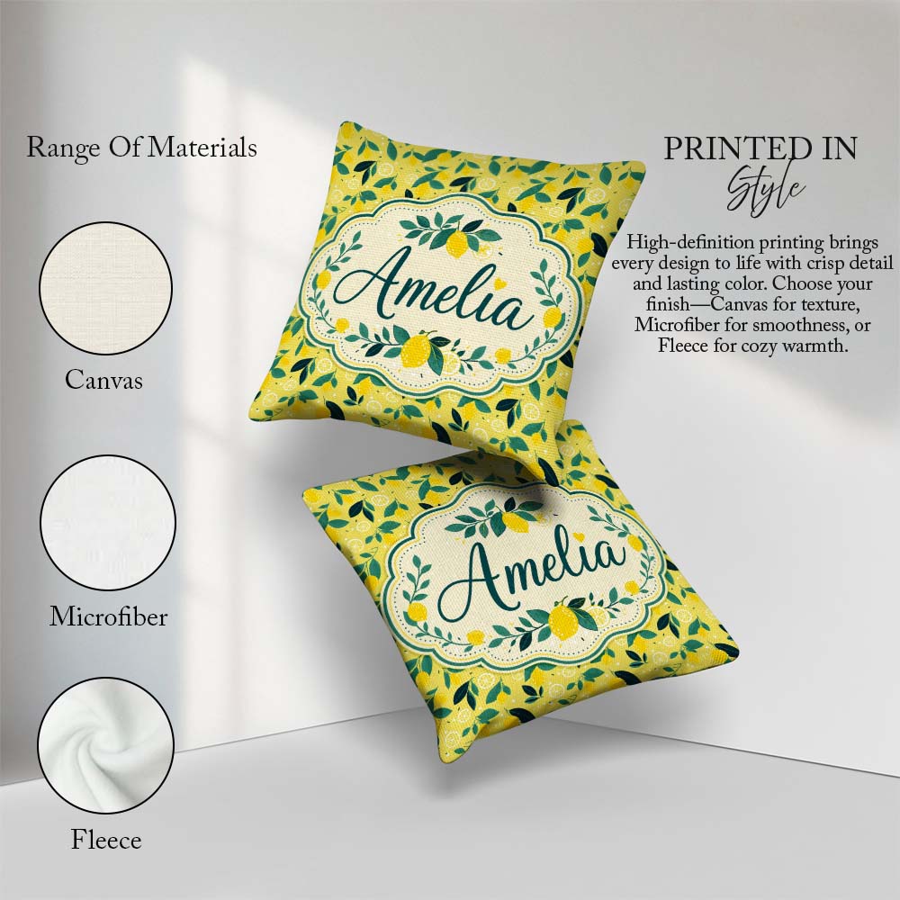 Custom Name Bright Lemon and Leaf Pattern with Flat Illustration Square Filled Cushion Throw Pillow Sofa Bed Home Decor Zip Washable UK Made