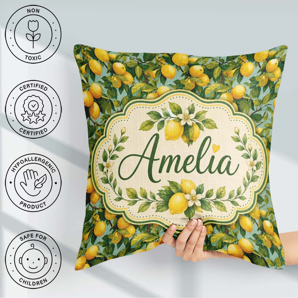 Custom Name Realistic Lemon Tree Pattern with Ripe Fruit Foliage Square Filled Cushion Throw Pillow Sofa Bed Home Decor Zip Washable UK Made