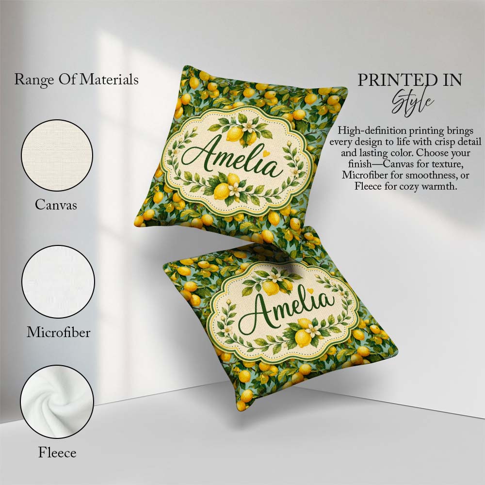 Custom Name Realistic Lemon Tree Pattern with Ripe Fruit Foliage Square Filled Cushion Throw Pillow Sofa Bed Home Decor Zip Washable UK Made