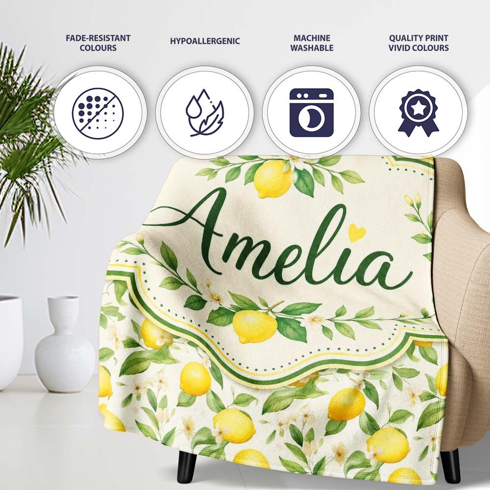 Soft Watercolour Lemons and Blossoms Botanical Seamless Pattern Personalised Custom Name Super Soft Fleece Blanket Bed Sofa Throw