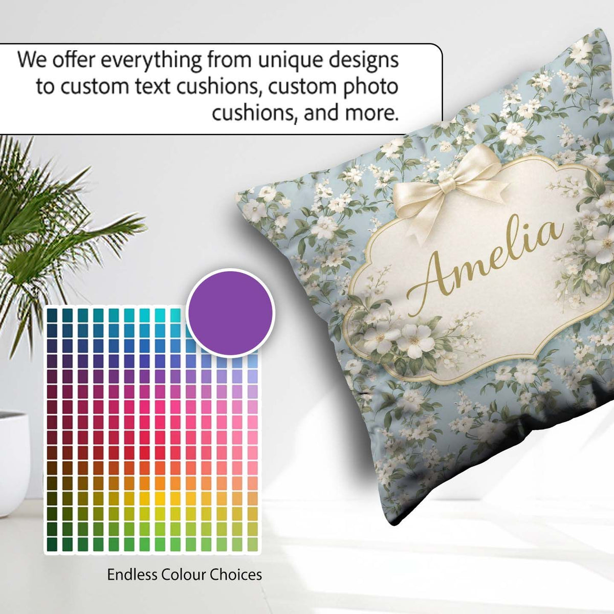 Custom Name Light Blue Ditsy Floral Small Blossom Repeat Cute Square Filled Cushion Throw Pillow Sofa Bed Home Decor Zip Washable UK Made