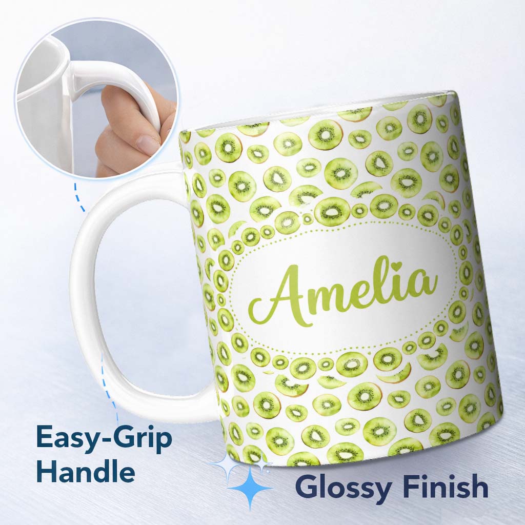 Personalized Custom Name Fresh Kiwi Slice Repeating Seamless Pattern on Light Background 11oz Ceramic Coffee Tea Mug White Large Handle