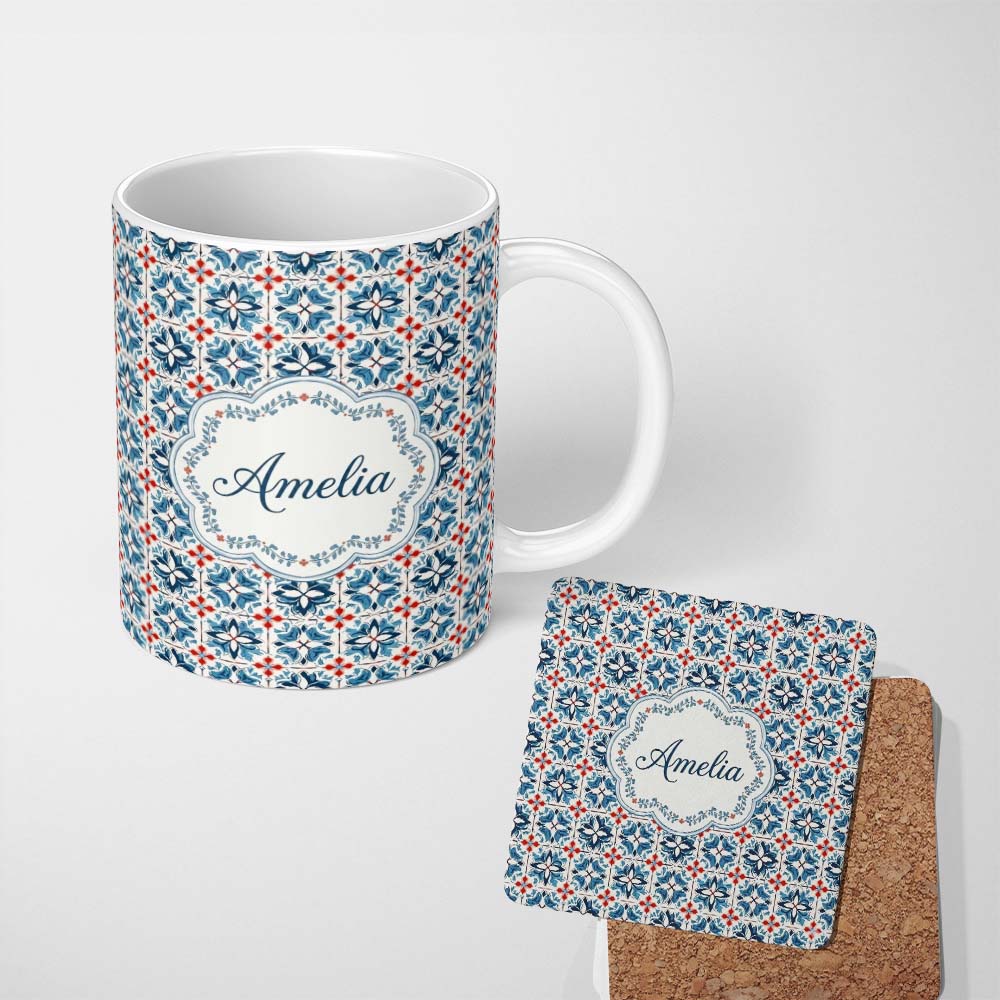 Personalized Custom Name Traditional Blue Red Floral Tile Motif Seamless Pattern Lovely 11oz Ceramic Coffee Tea Mug White Large Handle