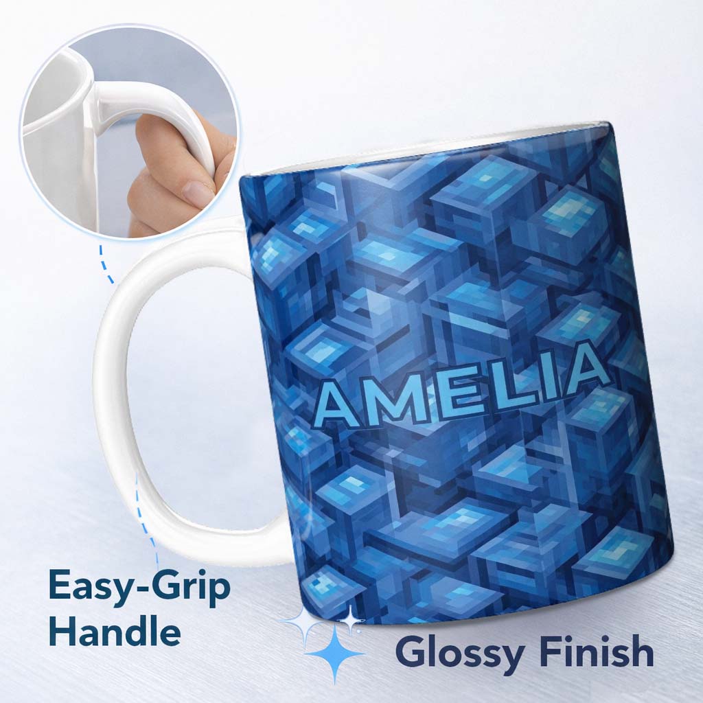 Personalized Custom Name Blue 3D Cube Block Geometric Abstract Seamless Pattern Lovely 11oz Ceramic Coffee Tea Mug White Large Handle