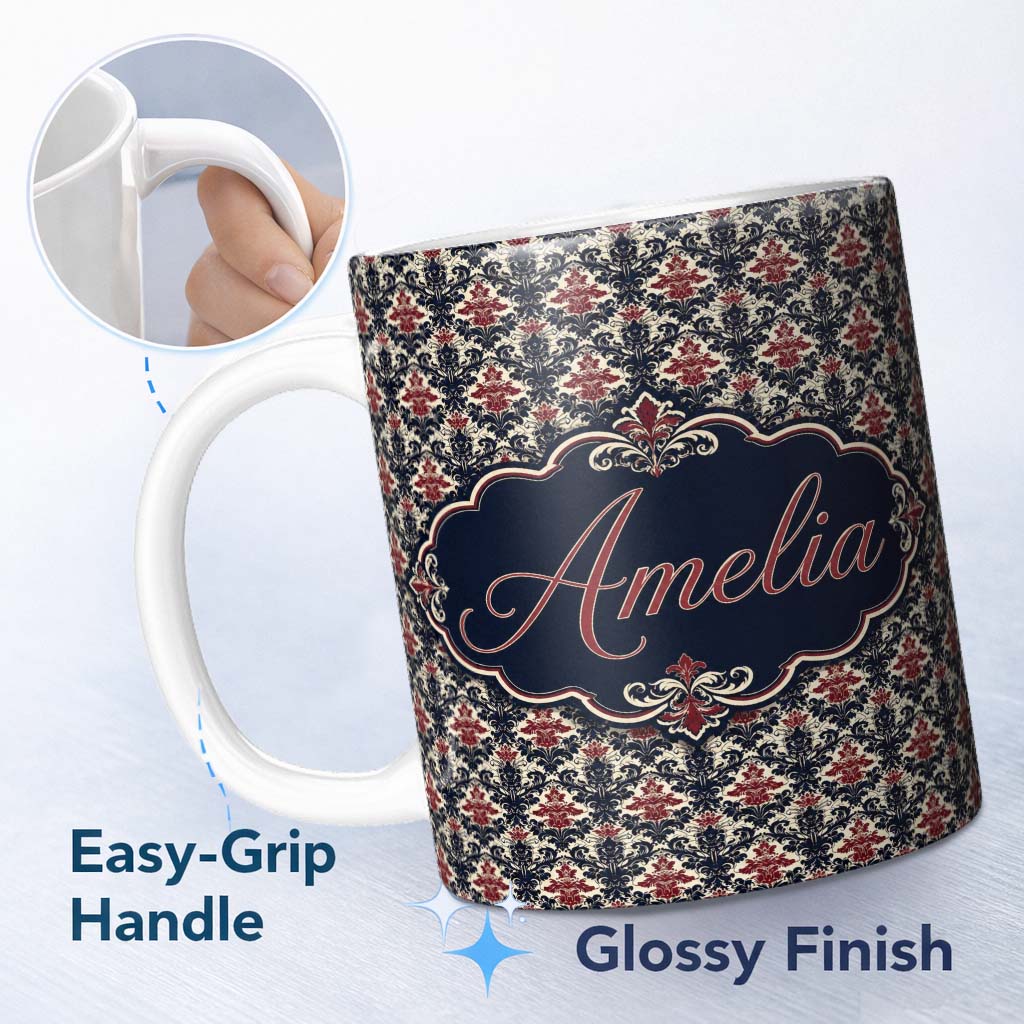 Personalized Custom Name Classic Vintage Red and Navy Damask Ornamental Seamless Pattern 11oz Ceramic Coffee Tea Mug White Large Handle
