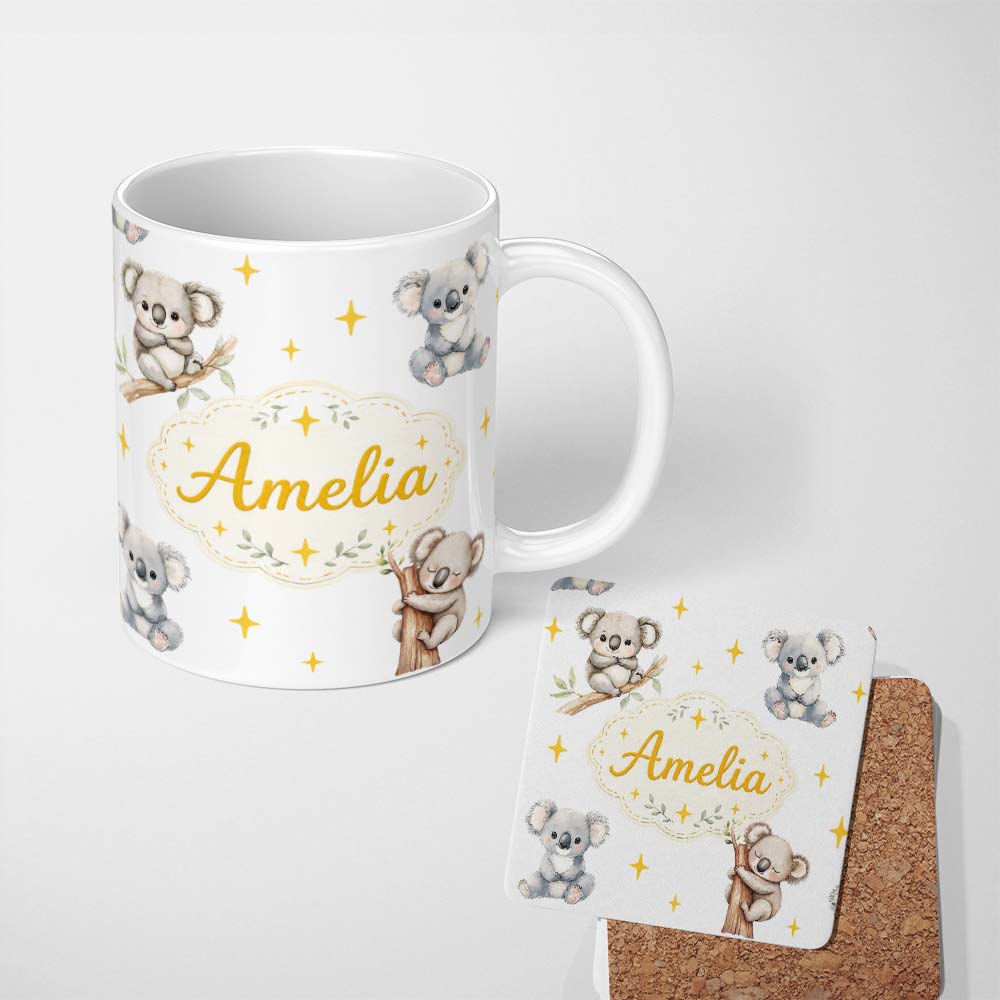 Personalized Custom Name Cute Baby Koala Bears with Yellow Stars on Light Grey Background 11oz Ceramic Coffee Tea Mug White Large Handle