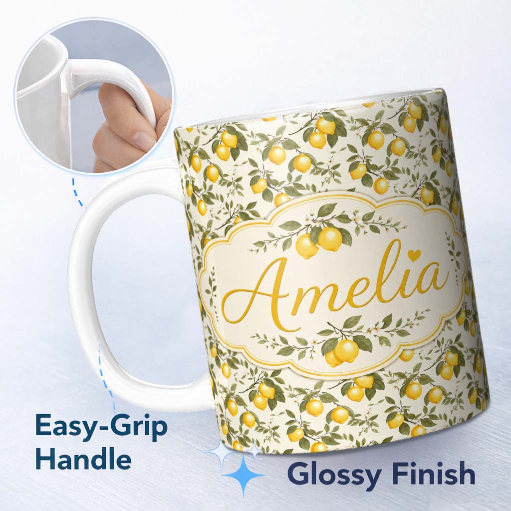 Personalized Custom Name Classic Lemon Branch Pattern with Blossoms on Light Background 11oz Ceramic Coffee Tea Mug White Large Handle