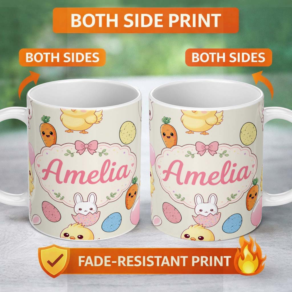 Personalized Custom Name Cute Easter Bunny Chick Eggs Carrot Cute Seamless Pattern Cream 11oz Ceramic Coffee Tea Mug White Large Handle