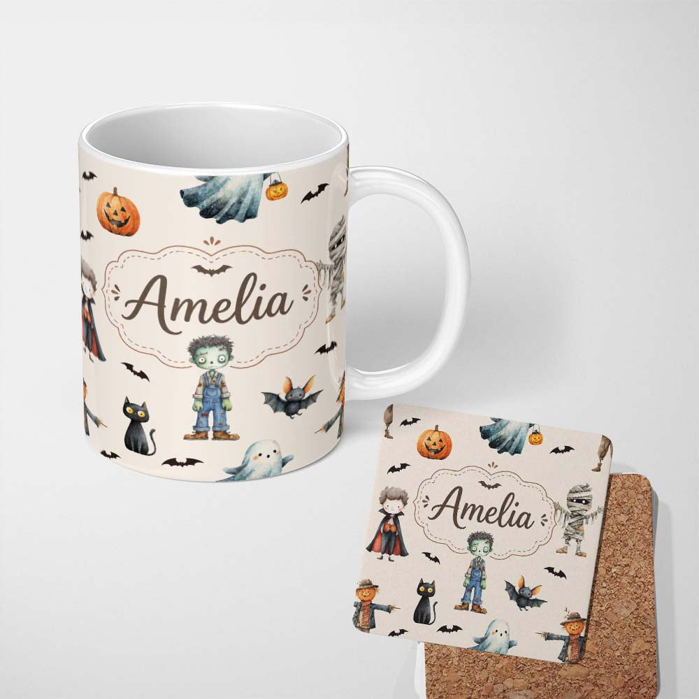 Personalized Custom Name Halloween Zombie Mummy Vampire and Bat Characters Beige Background 11oz Ceramic Coffee Tea Mug White Large Handle