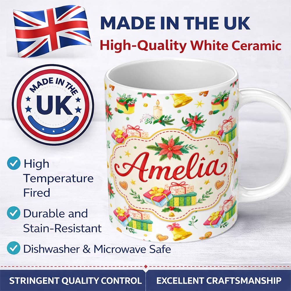 Personalized Custom Name Watercolor Christmas Gift Candle Poinsettia Bell Seamless Pattern 11oz Ceramic Coffee Tea Mug White Large Handle