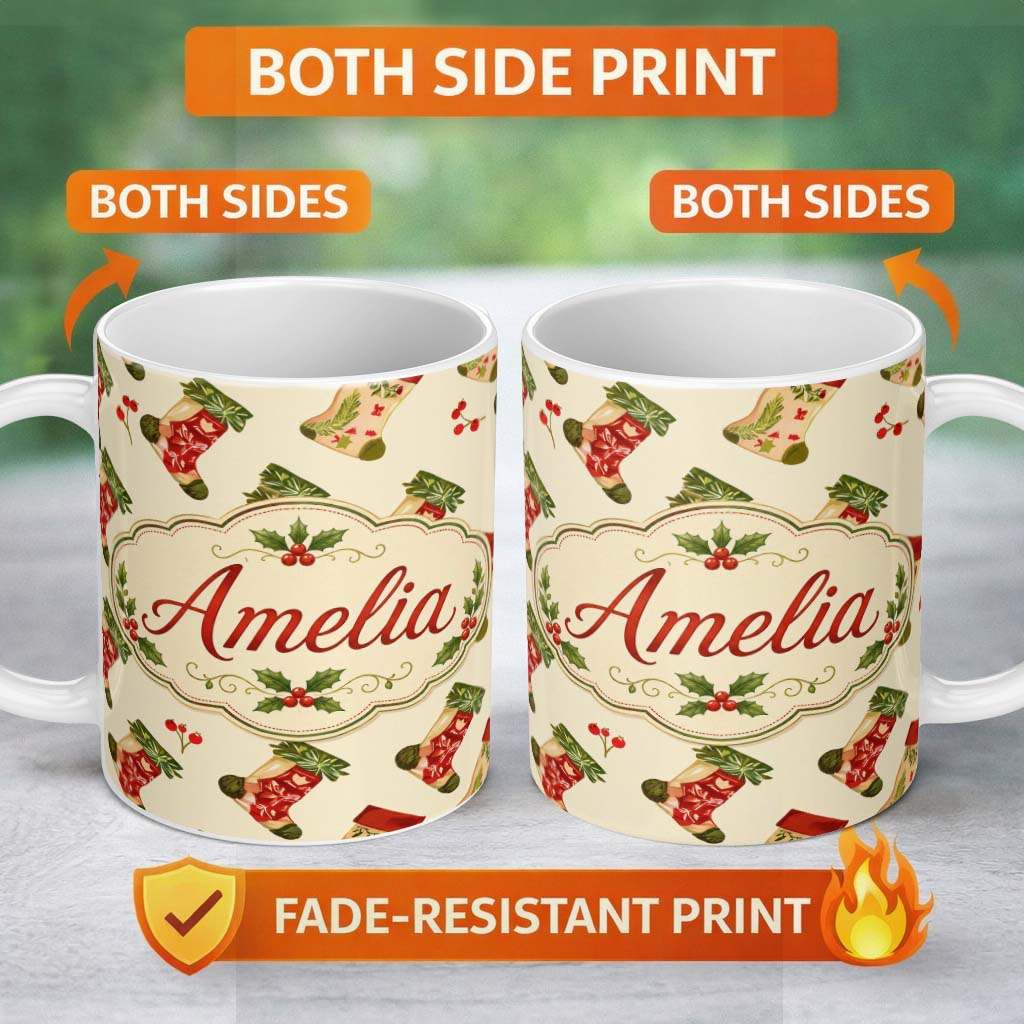 Personalized Custom Name Watercolor Christmas Stockings with Holly Berries Festive Holiday 11oz Ceramic Coffee Tea Mug White Large Handle