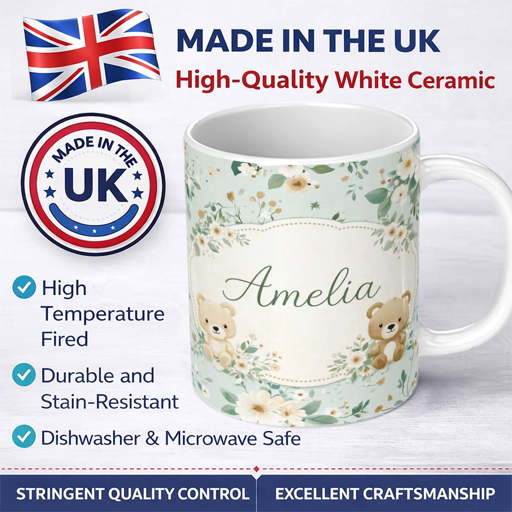 Personalized Custom Name Teddy Bear Floral Nursery Pattern Blue Background Seamless Lovely 11oz Ceramic Coffee Tea Mug White Large Handle
