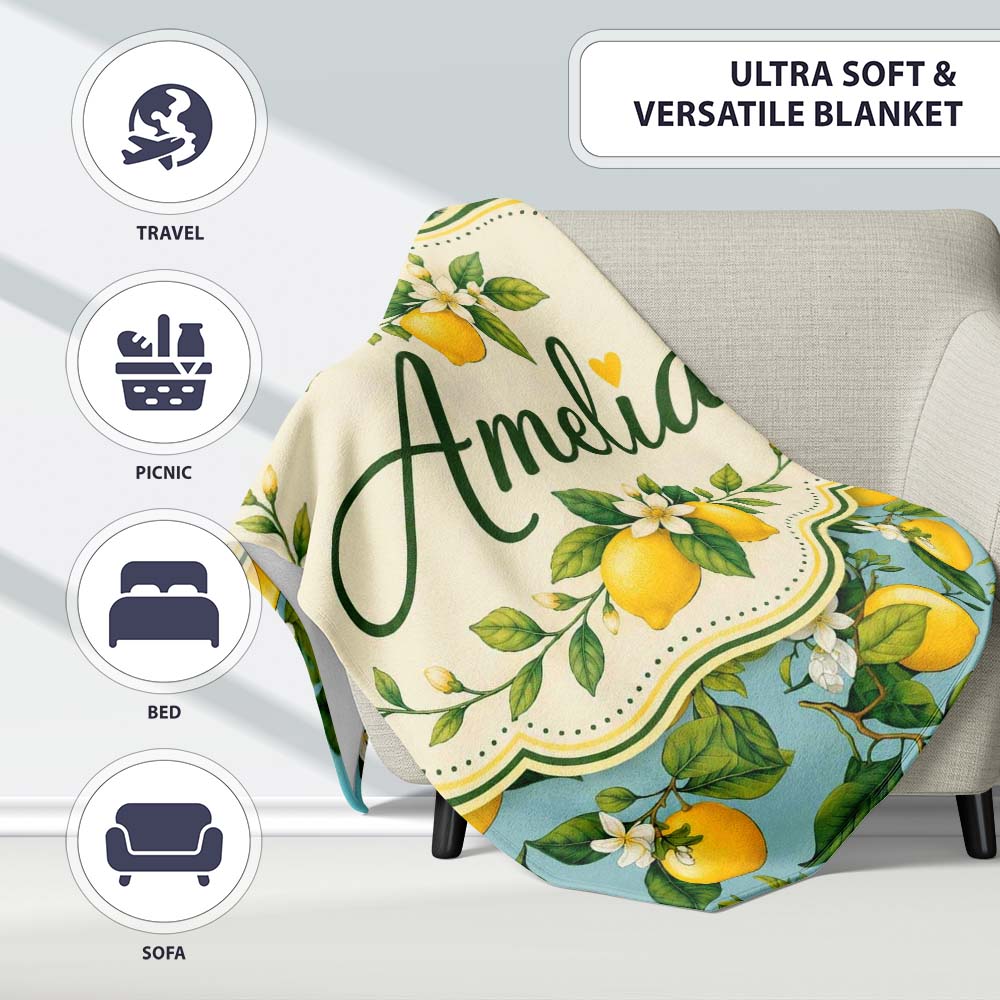 Vintage Lemon Tree Branches on Blue Background Botanical Seamless Personalised Custom Name Super Soft Fleece Blanket Bed Sofa Throw