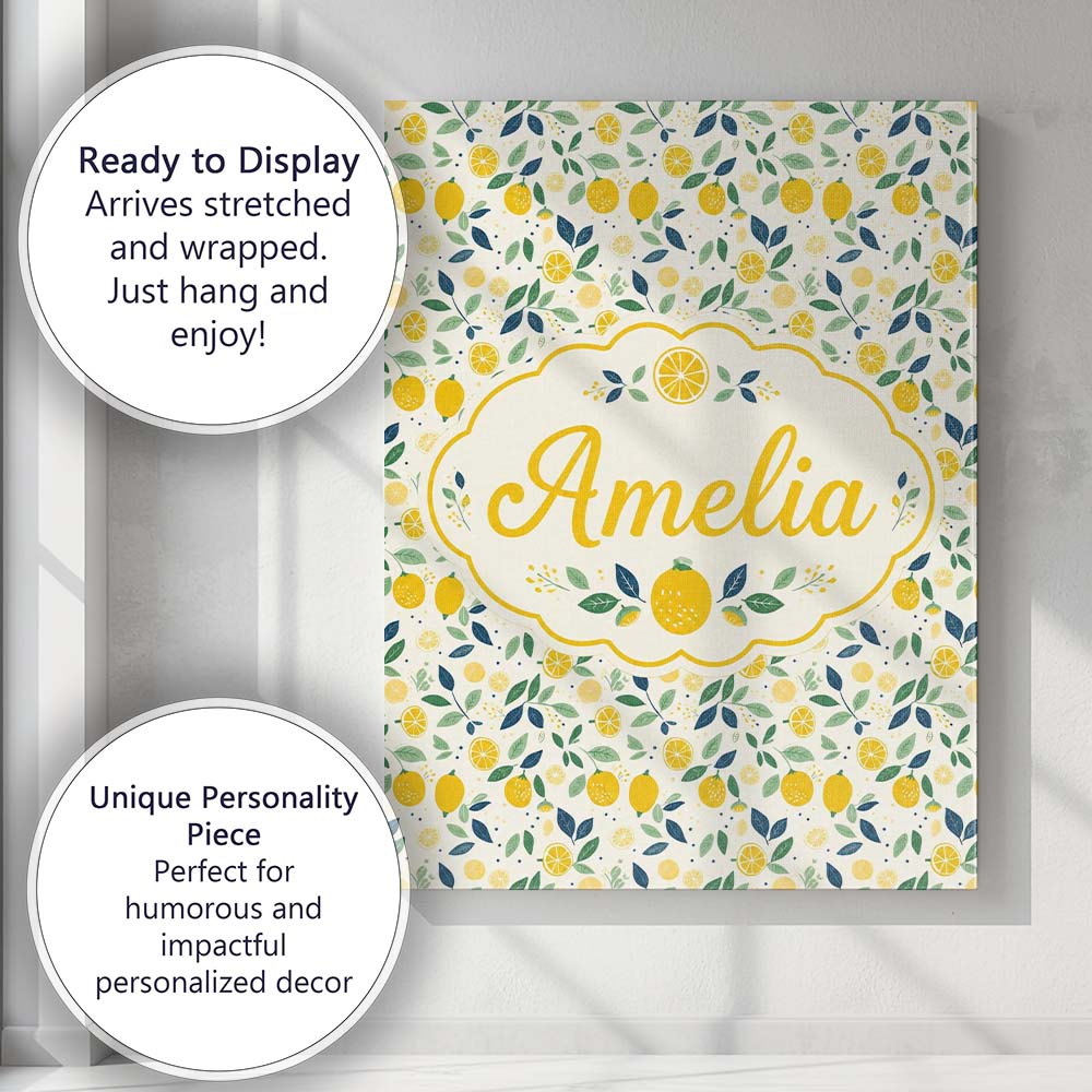 Personalised Name Playful Lemon Citrus and Custom Unique Gift Idea Elegant Feature Canvas Wall Art Print Decor Picture Ready to Hang